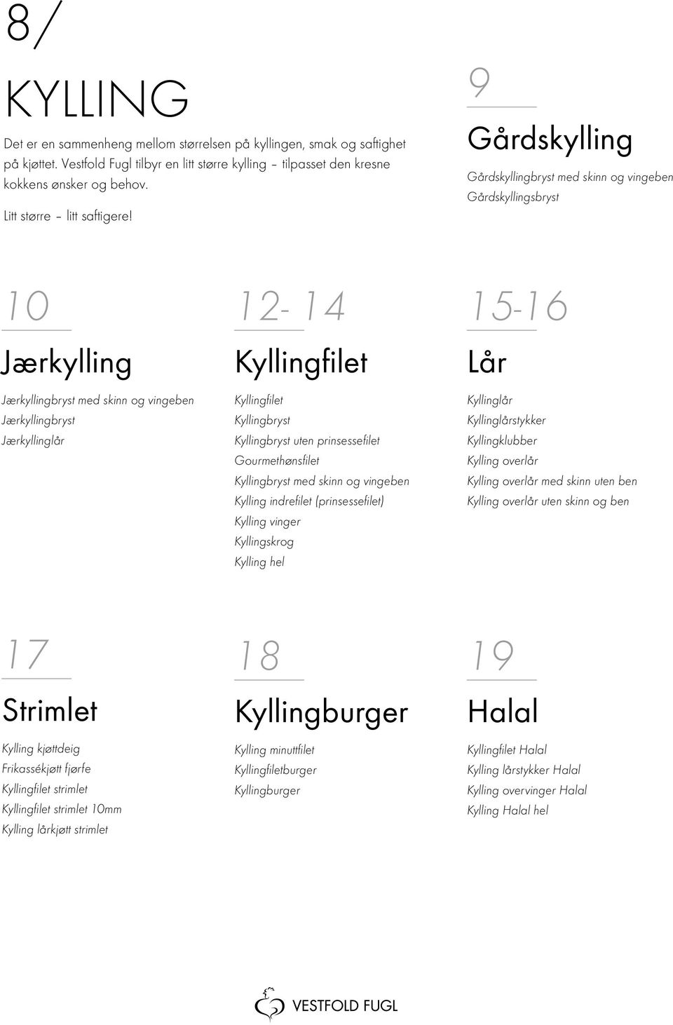 9 Gårdskylling Gårdskyllingbryst med skinn og vingeben Gårdskyllingsbryst 10 Jærkylling 12-14 15-16 Kyllingfilet Lår Jærkyllingbryst med skinn og vingeben Jærkyllingbryst Jærkyllinglår Kyllingfilet