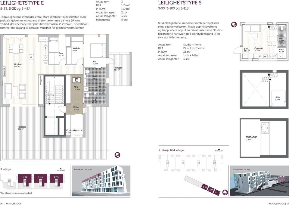 Antall rom 0 m P-ROM 0 m Antall terrasser stk Antall leiligheter stk Beliggende etg. Leilighetstype S -9S, -0S og -S Studioleilighetene innholder kombinert kjøkken/ stue, bad og vaskerom.