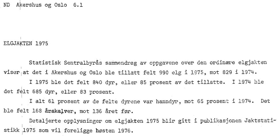 tillatt felt 990 elg i 1975, mot 829 i 1974. 1 1975 ble det felt 840 dyr, eller 85 prosent av det tillatte.