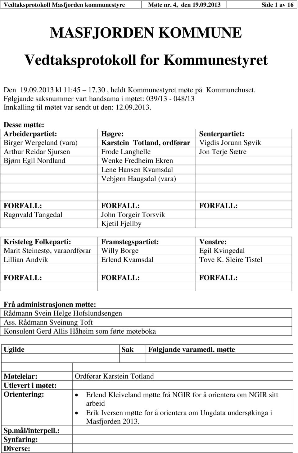 Desse møtte: Arbeiderpartiet: Høgre: Senterpartiet: Birger Wergeland (vara) Karstein Totland, ordførar Vigdis Jorunn Søvik Arthur Reidar Sjursen Frode Langhelle Jon Terje Sætre Bjørn Egil Nordland