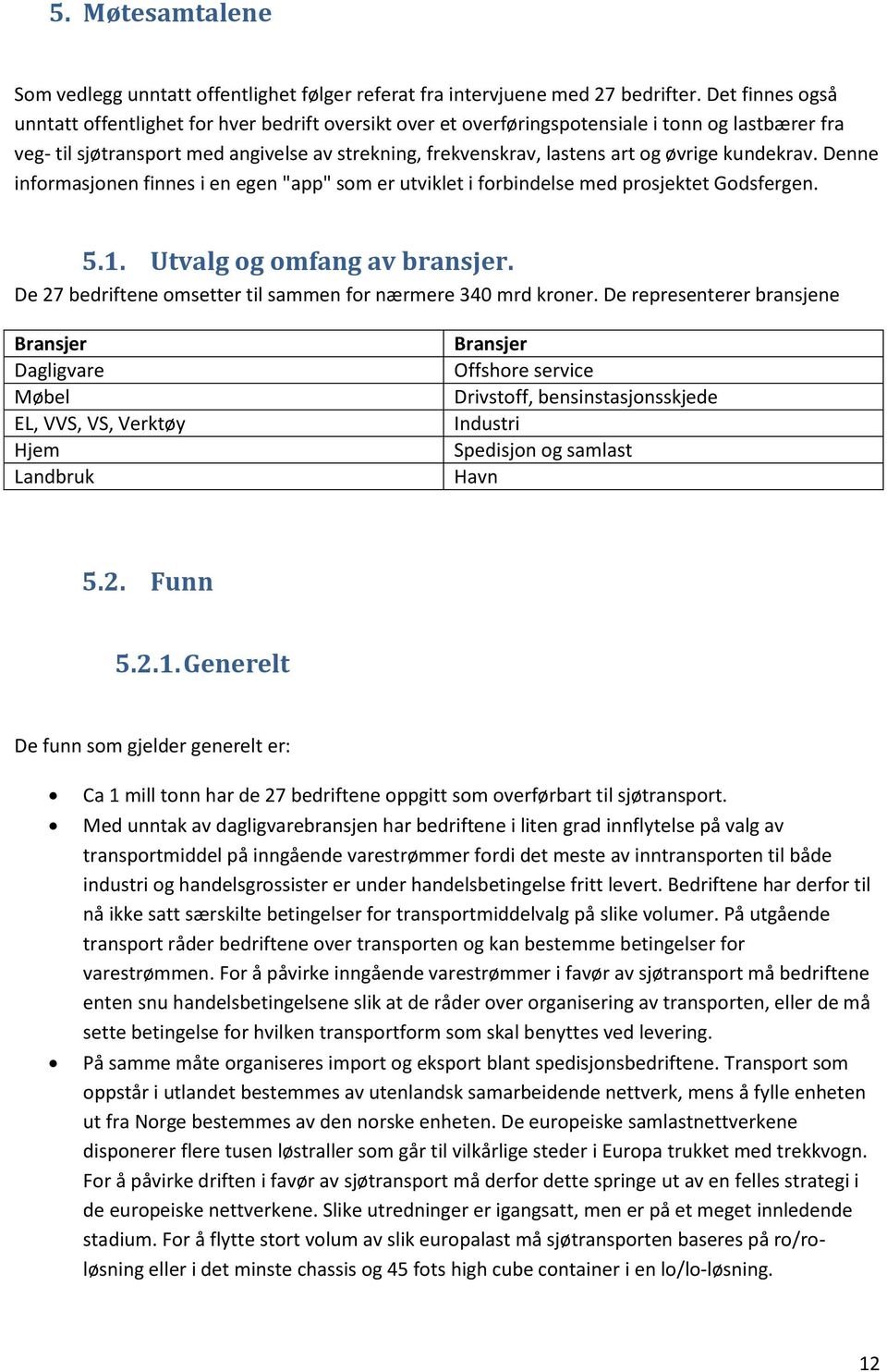 øvrige kundekrav. Denne informasjonen finnes i en egen "app" som er utviklet i forbindelse med prosjektet Godsfergen. 5.1. Utvalg og omfang av bransjer.