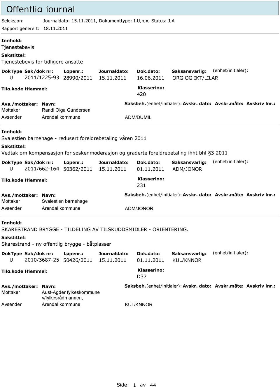 : Mottaker Randi Olga Gundersen Avsender Arendal kommune ADM/DUML nnhold: Svalestien barnehage - redusert foreldrebetaling våren 2011 Vedtak om kompensasjon for søskenmoderasjon og graderte