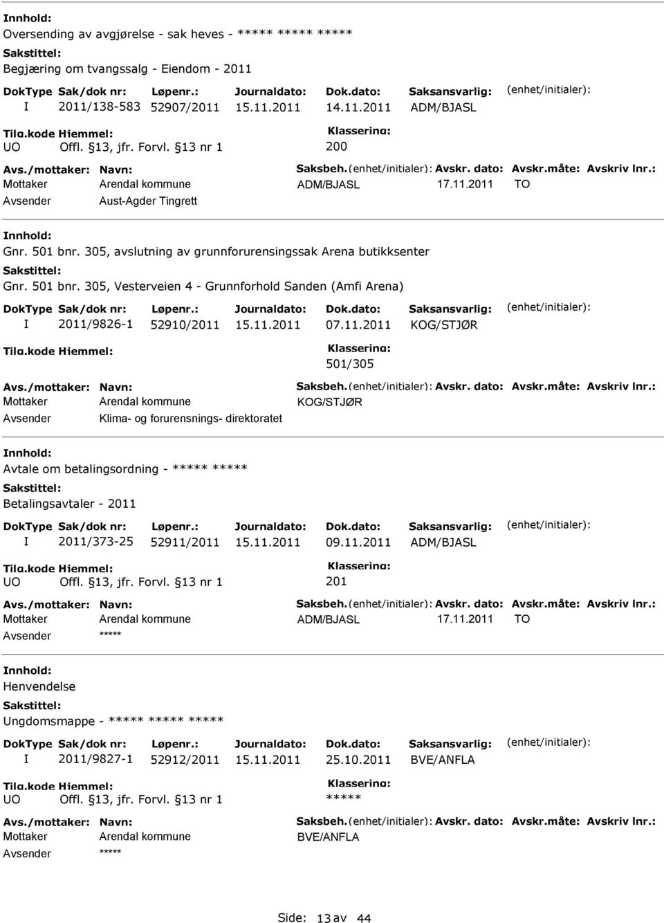 11.2011 KOG/STJØR 501/305 Avs./mottaker: Navn: Saksbeh. Avskr. dato: Avskr.måte: Avskriv lnr.