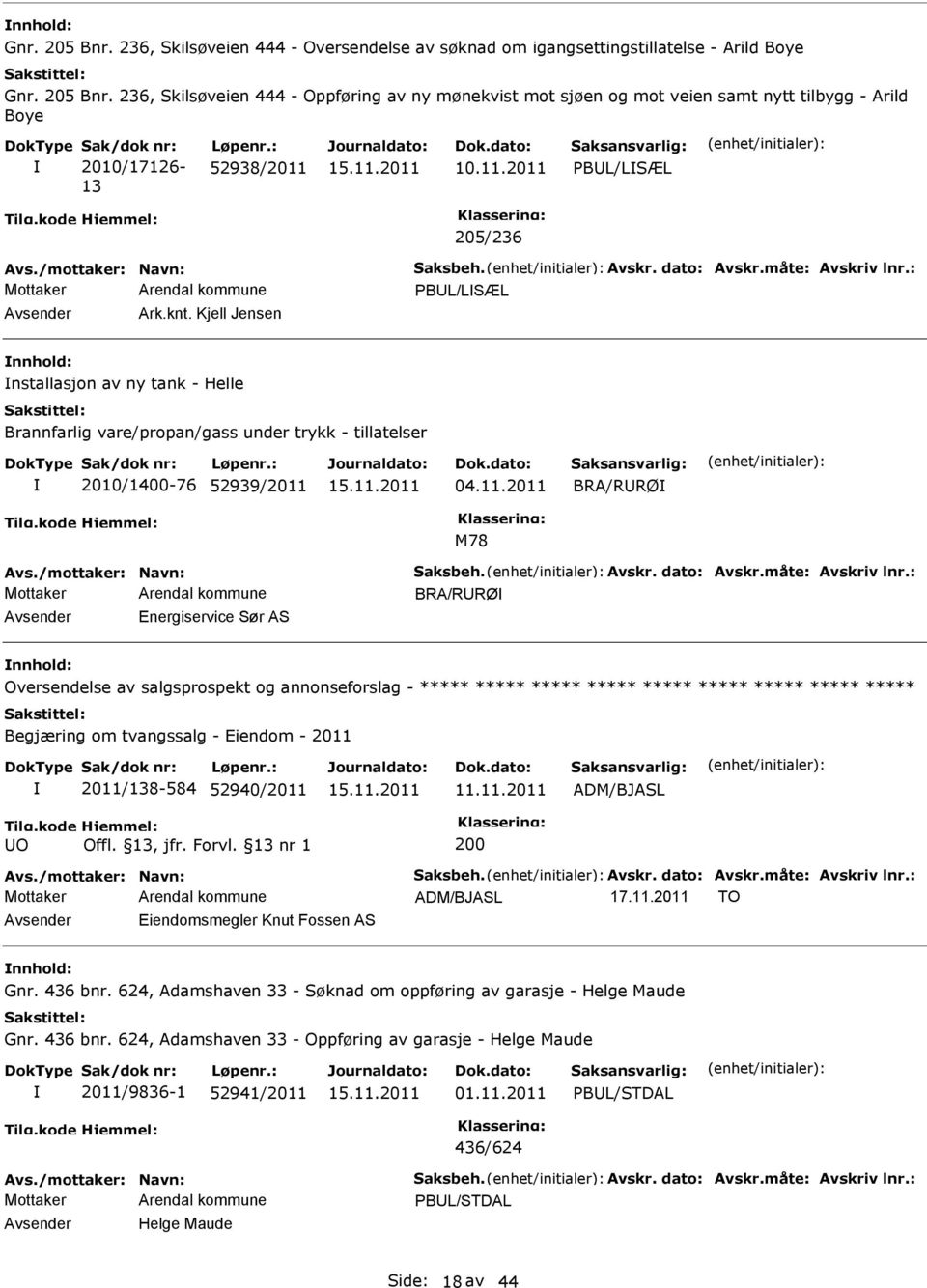 Kjell Jensen nnhold: nstallasjon av ny tank - Helle Brannfarlig vare/propan/gass under trykk - tillatelser 2010/1400-76 52939/2011 04.11.2011 BRA/RURØ M78 Avs./mottaker: Navn: Saksbeh. Avskr.