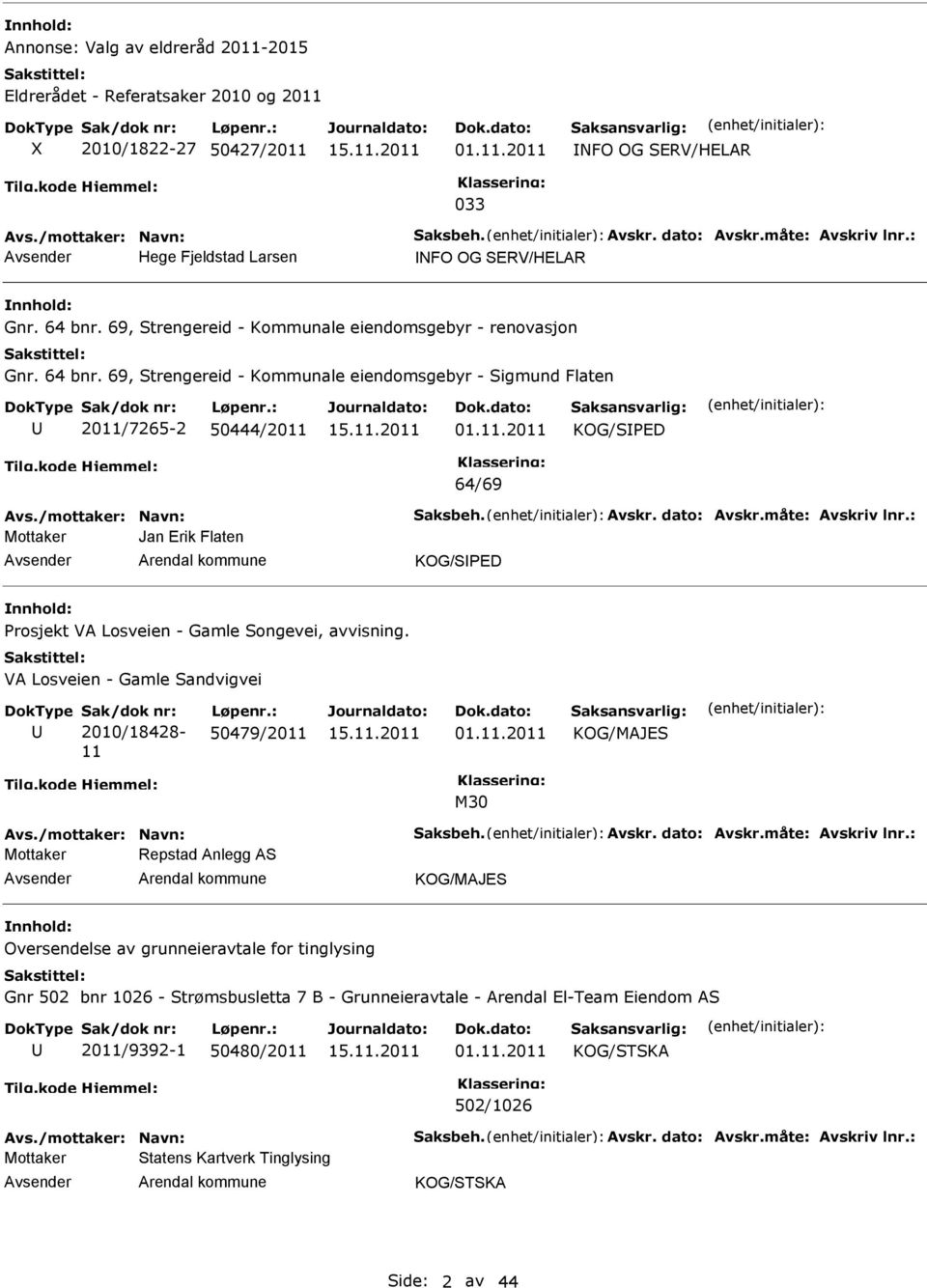 11.2011 KOG/SPED 64/69 Avs./mottaker: Navn: Saksbeh. Avskr. dato: Avskr.måte: Avskriv lnr.