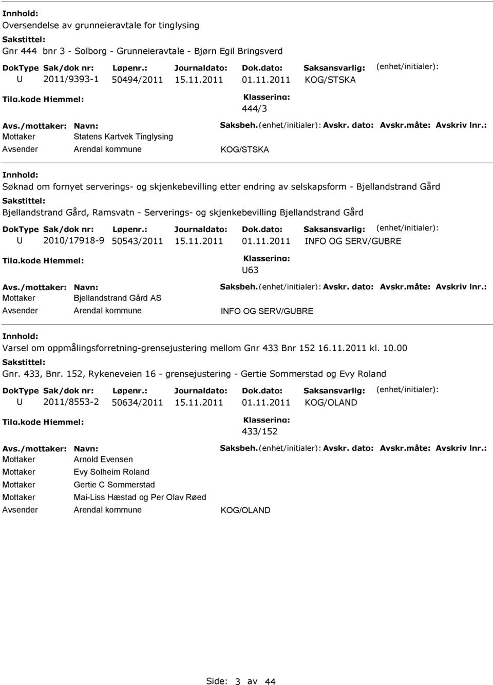 : Mottaker Statens Kartvek Tinglysing Avsender Arendal kommune KOG/STSKA nnhold: Søknad om fornyet serverings- og skjenkebevilling etter endring av selskapsform - Bjellandstrand Gård Bjellandstrand