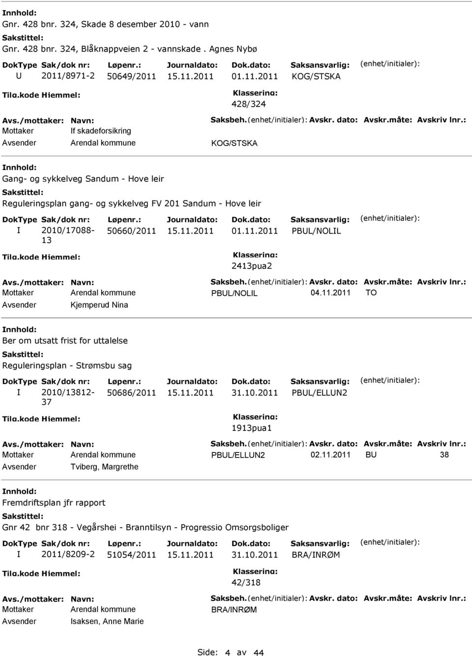 : Mottaker f skadeforsikring Avsender Arendal kommune KOG/STSKA nnhold: Gang- og sykkelveg Sandum - Hove leir Reguleringsplan gang- og sykkelveg FV 201 Sandum - Hove leir Sak/dok nr: 2010/17088-13