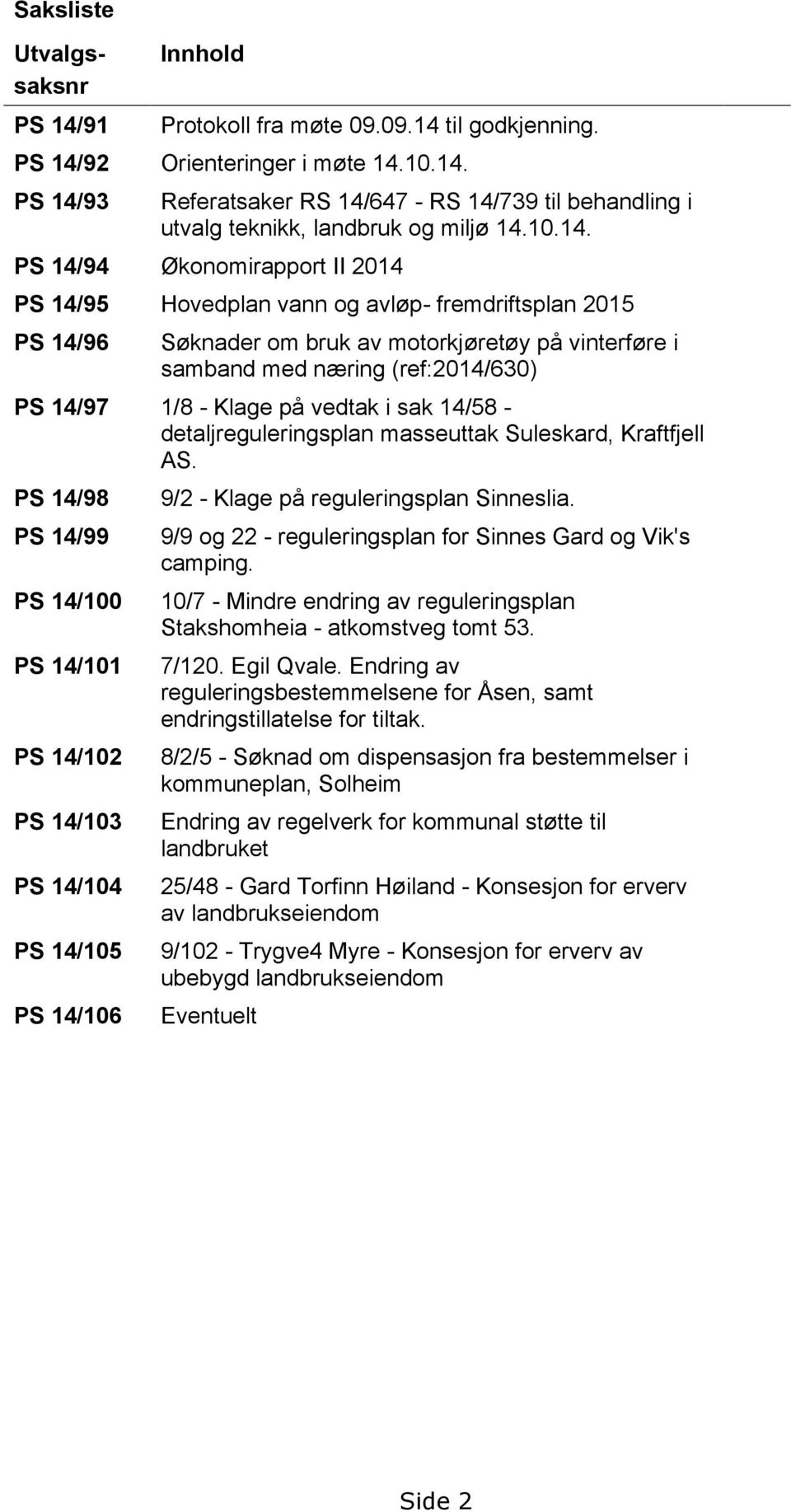 PS 14/94 Økonomirapport II 2014 PS 14/95 Hovedplan vann og avløp- fremdriftsplan 2015 PS 14/96 Søknader om bruk av motorkjøretøy på vinterføre i samband med næring (ref:2014/630) PS 14/97 1/8 - Klage