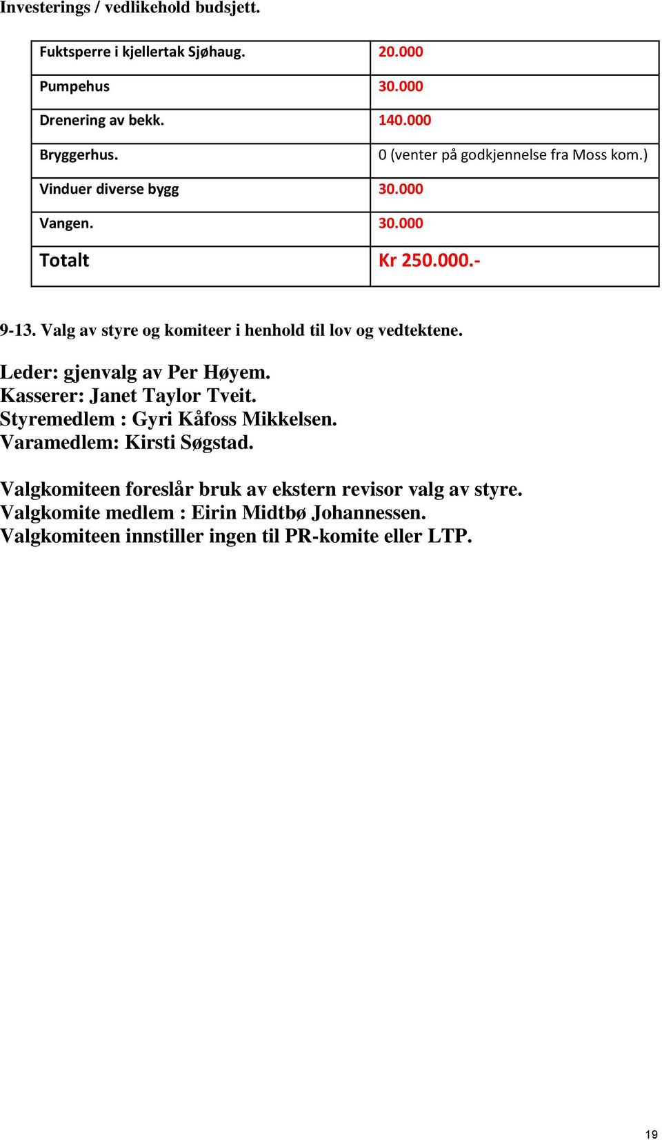 Valg av styre og komiteer i henhold til lov og vedtektene. Leder: gjenvalg av Per Høyem. Kasserer: Janet Taylor Tveit.