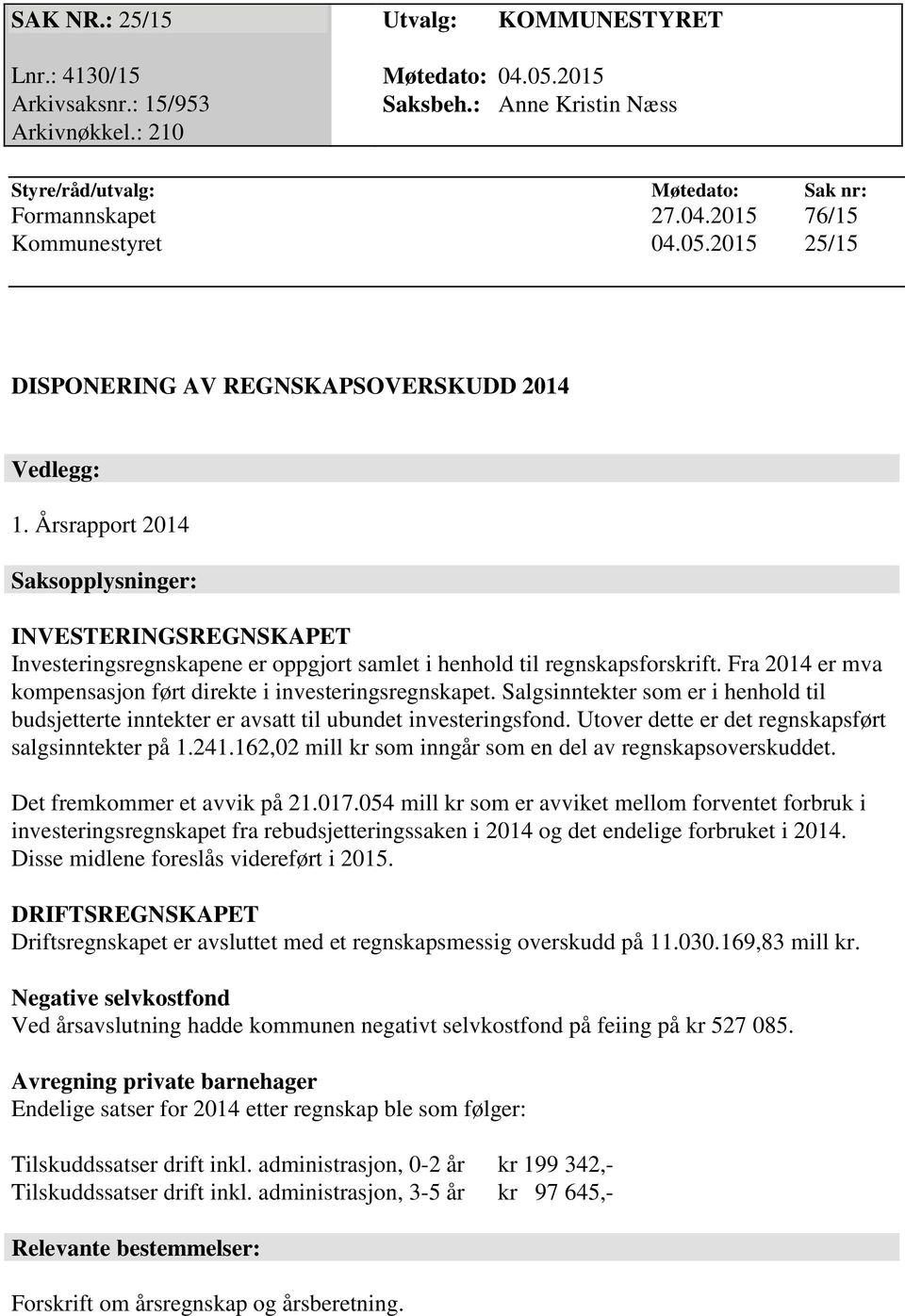 Fra 2014 er mva kompensasjon ført direkte i investeringsregnskapet. Salgsinntekter som er i henhold til budsjetterte inntekter er avsatt til ubundet investeringsfond.