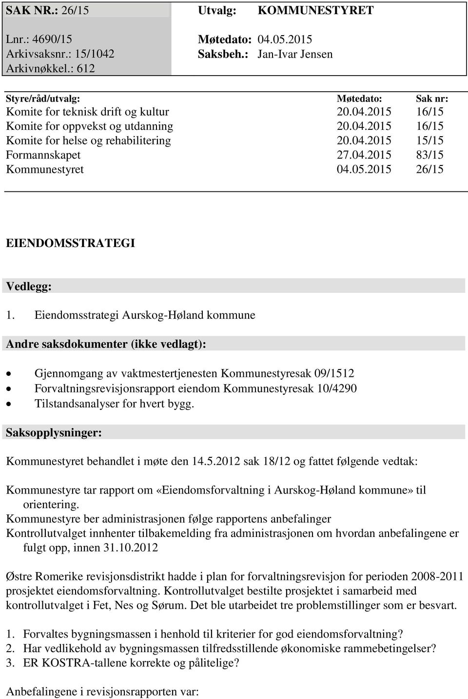 04.2015 83/15 Kommunestyret 04.05.2015 26/15 EIENDOMSSTRATEGI Vedlegg: 1.