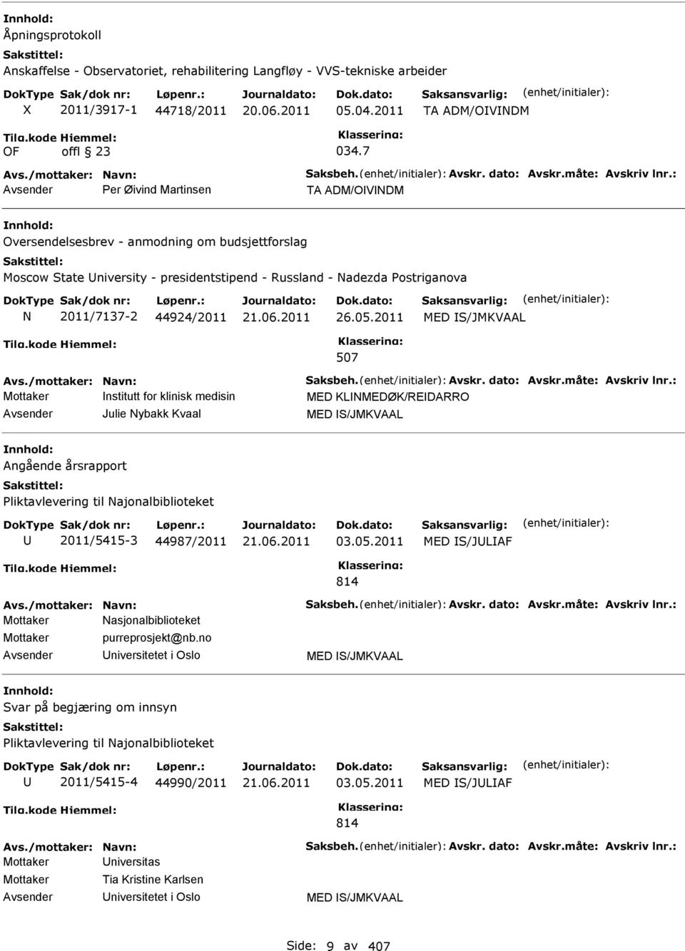 2011 MED S/JMKVAAL 507 Mottaker nstitutt for klinisk medisin MED KLNMEDØK/REDARRO Julie Nybakk Kvaal MED S/JMKVAAL Angående årsrapport Pliktavlevering til Najonalbiblioteket 2011/5415-3 44987/2011 03.