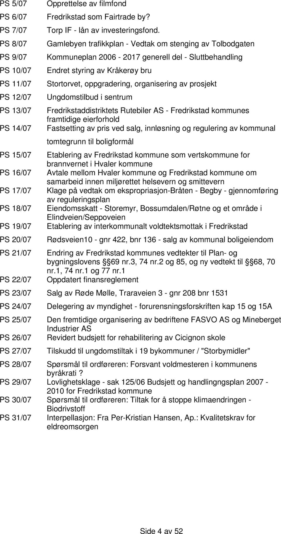 Gamlebyen trafikkplan - Vedtak om stenging av Tolbodgaten Kommuneplan 2006-2017 generell del - Sluttbehandling Endret styring av Kråkerøy bru Stortorvet, oppgradering, organisering av prosjekt