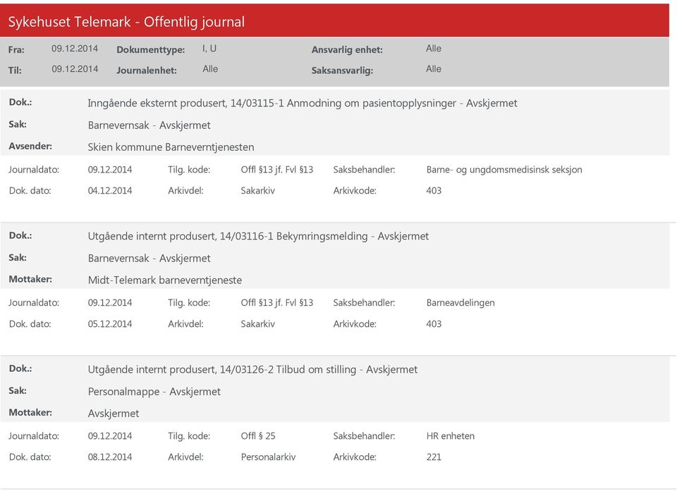 tgående internt produsert, 14/03116-1 Bekymringsmelding - Barnevernsak - Midt-Telemark