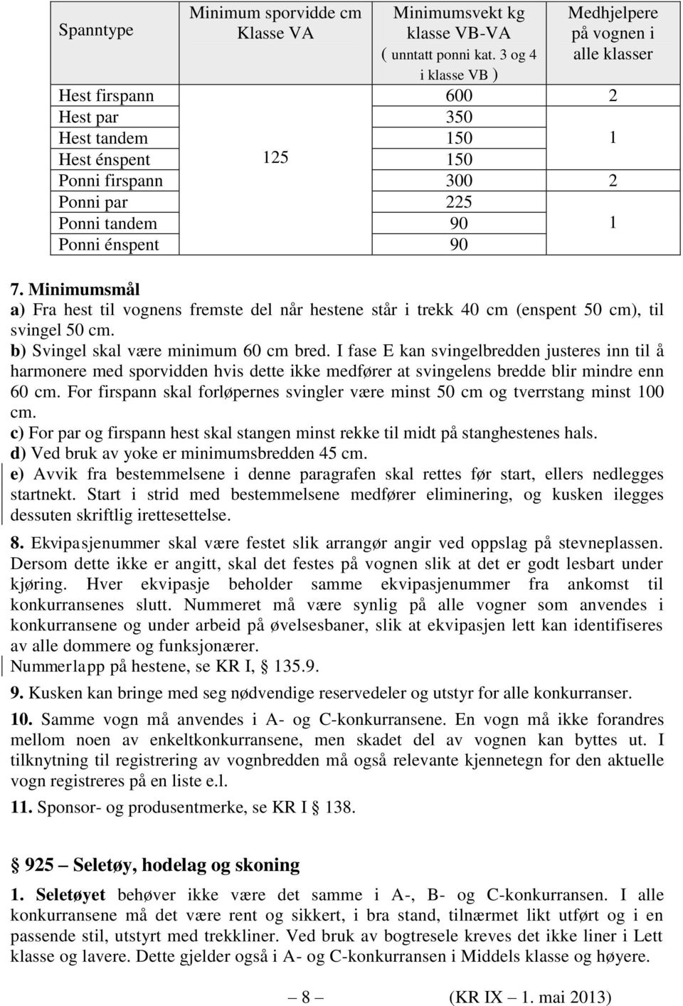 7. Minimumsmål a) Fra hest til vognens fremste del når hestene står i trekk 40 cm (enspent 50 cm), til svingel 50 cm. b) Svingel skal være minimum 60 cm bred.