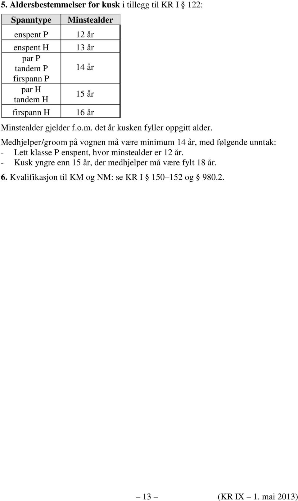 Medhjelper/groom på vognen må være minimum 14 år, med følgende unntak: - Lett klasse P enspent, hvor minstealder er 12 år.