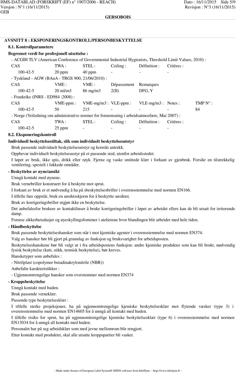 /11/2015 Side 5/9 AVSNITT 8 : EKSPONERINGSKONTROLL/PERSONBESKYTTELSE 8.1. Kontrollparametere Begrenset verdi for profesjonell utsettelse : - ACGIH TLV (American Conference of Governmental Industrial