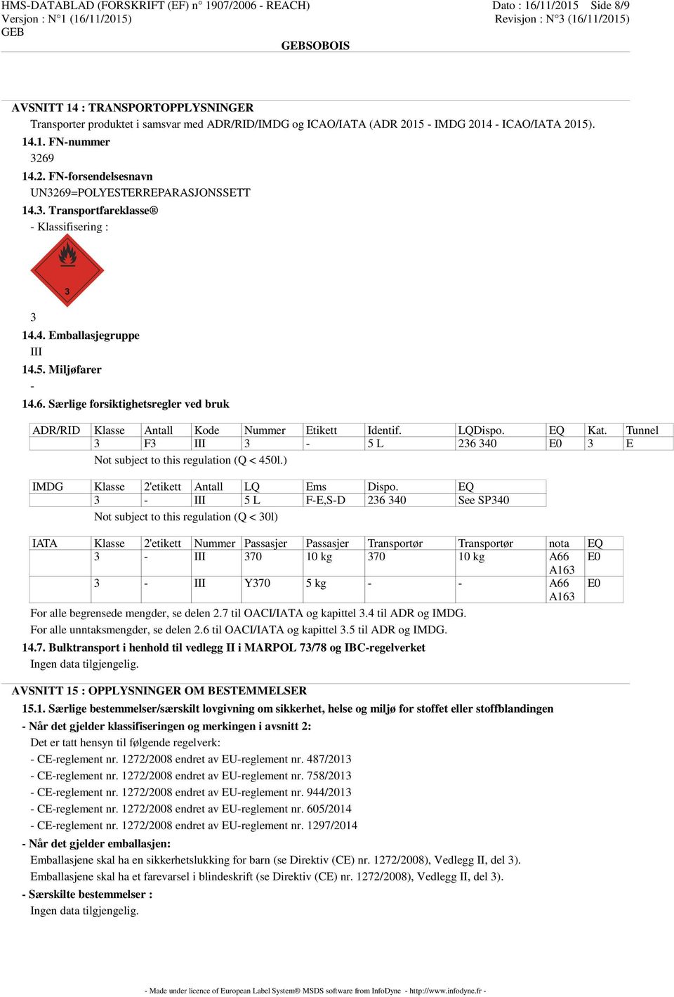 LQDispo. EQ Kat. Tunnel 3 F3 III 3-5 L 236 340 E0 3 E Not subject to this regulation (Q < 450l.) IMDG Klasse 2'etikett Antall LQ Ems Dispo.