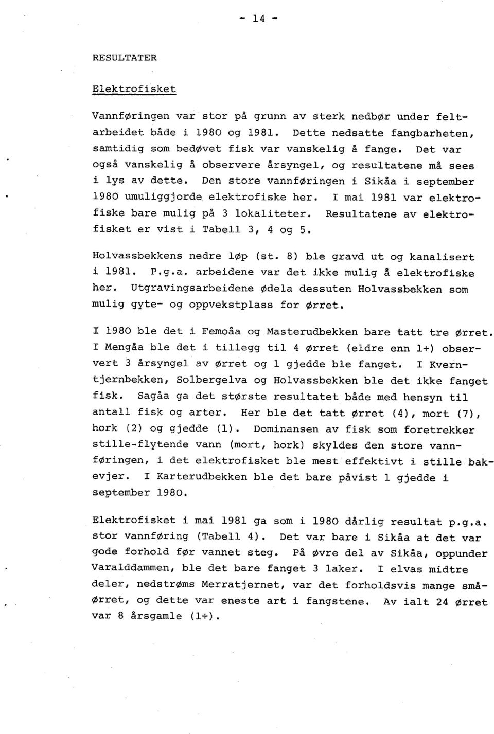 I mai 1981 var elektrofiske bare mulig på 3 lokaliteter. Resultatene av elektrofisket er vist i Tabell 3, 4 og 5. Holvassbekkens nedre løp ( st. 8) ble gravd ut og kanalisert i 1981. P.g.a. arbeidene var det ikke mulig å elektrofiske her.