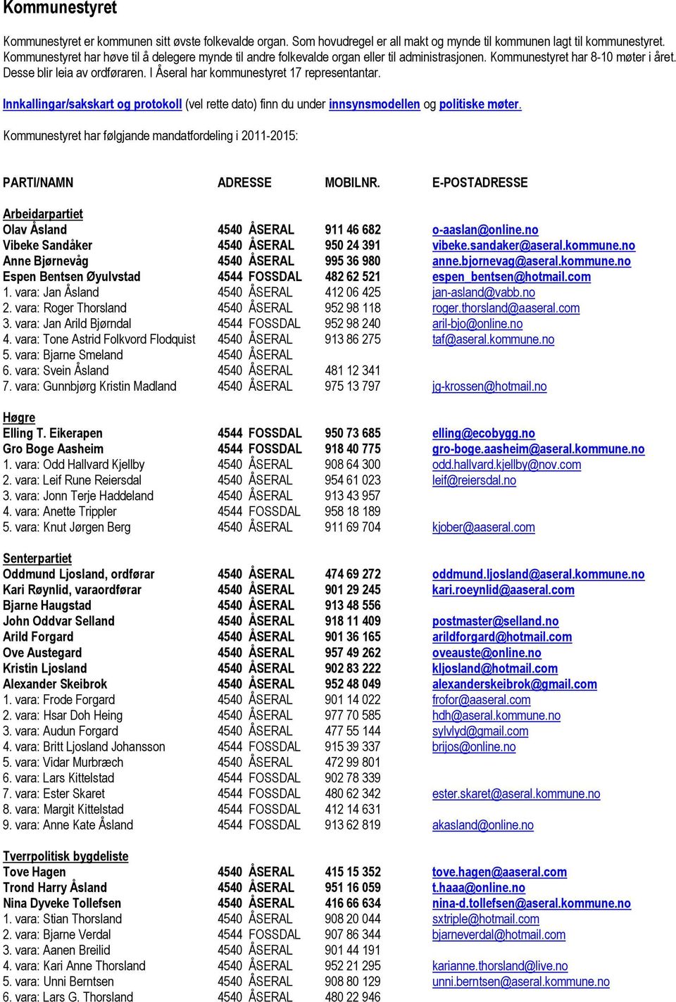 I Åseral har kommunestyret 17 representantar. Kommunestyret har følgjande mandatfordeling i 2011-2015: Olav Åsland 4540 ÅSERAL 911 46 682 o-aaslan@online.