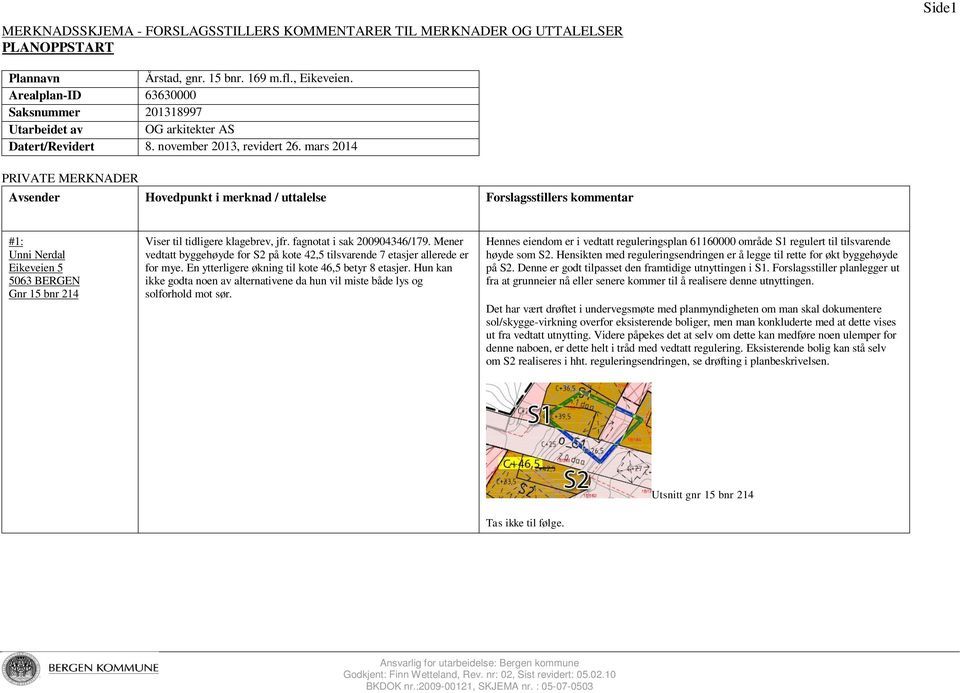 mars 2014 PRIVATE MERKNADER Avsender Hovedpunkt i merknad / uttalelse Forslagsstillers kommentar #1: Unni Nerdal Eikeveien 5 5063 BERGEN Gnr 15 bnr 214 Viser til tidligere klagebrev, jfr.