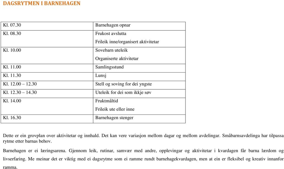 Fruktmåltid Frileik ute eller inne Barnehagen stenger Dette er ein grovplan over aktivitetar og innhald. Det kan vere variasjon mellom dagar og mellom avdelingar.