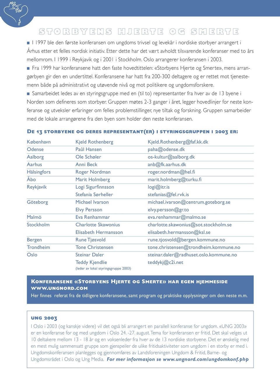 Fra 1999 har konferansene hatt den faste hovedtittelen: «Storbyens Hjerte og Smerte», mens arrangørbyen gir den en undertittel.