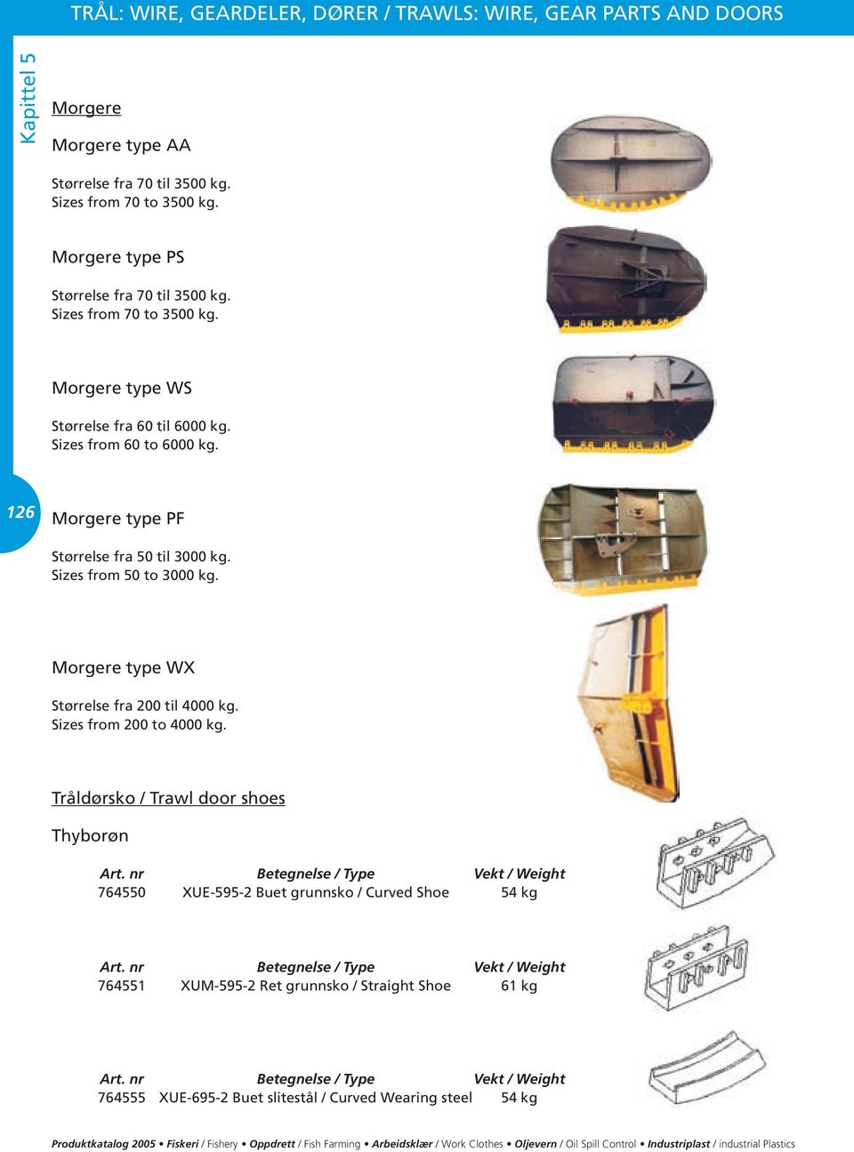 Sizes from 200 to 4000 kg. Tråldørsko / Trawl door shoes Thyborøn Art. nr Betegnelse / Type Vekt / Weight 764550 XUE-595-2 Buet grunnsko / Curved Shoe 54 kg Art.