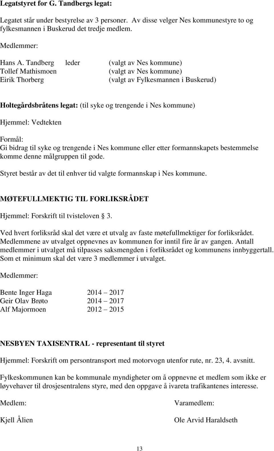 Hjemmel: Vedtekten Formål: Gi bidrag til syke og trengende i Nes kommune eller etter formannskapets bestemmelse komme denne målgruppen til gode.