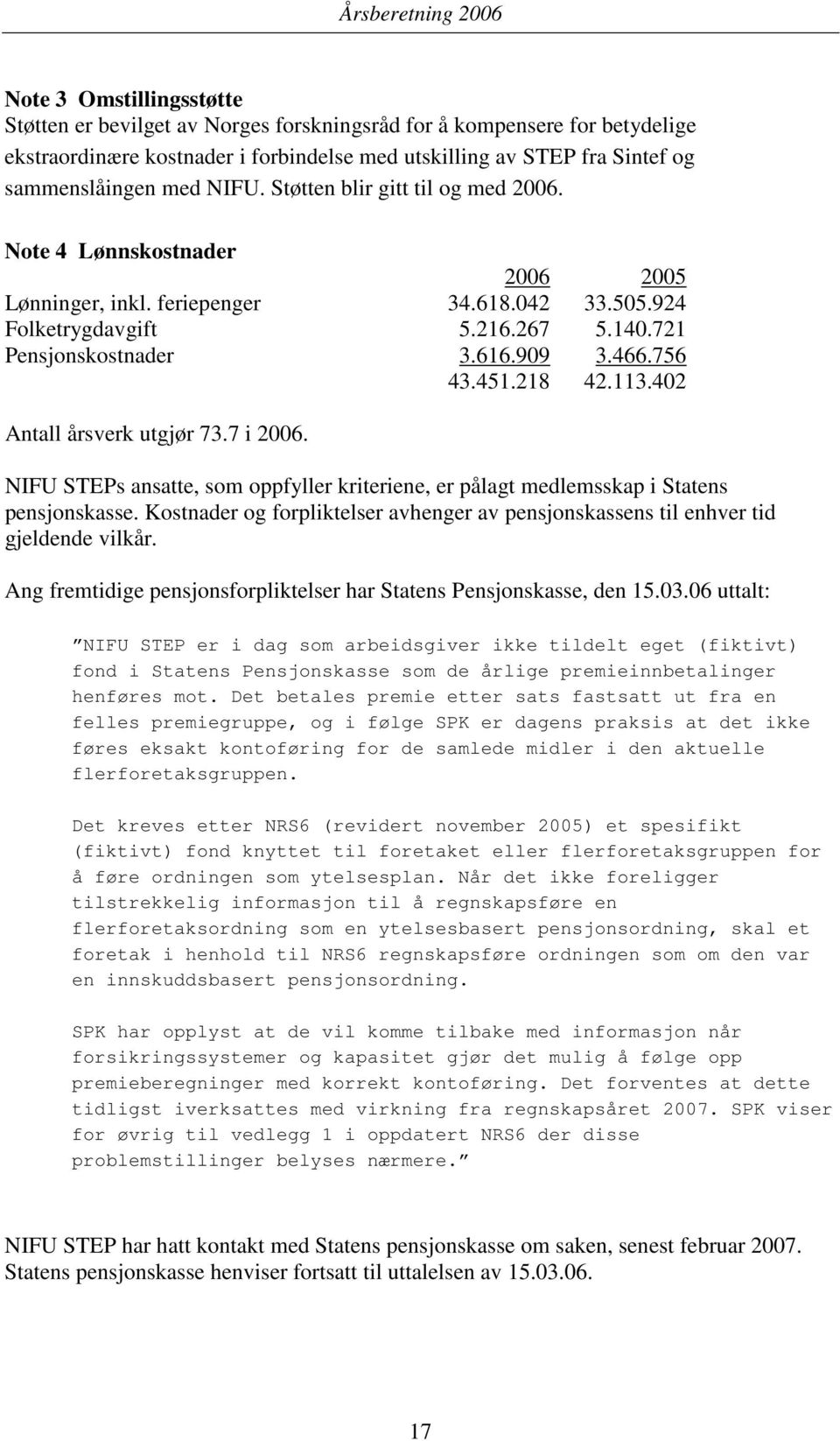 756 43.451.218 42.113.402 Antall årsverk utgjør 73.7 i 2006. NIFU STEPs ansatte, som oppfyller kriteriene, er pålagt medlemsskap i Statens pensjonskasse.