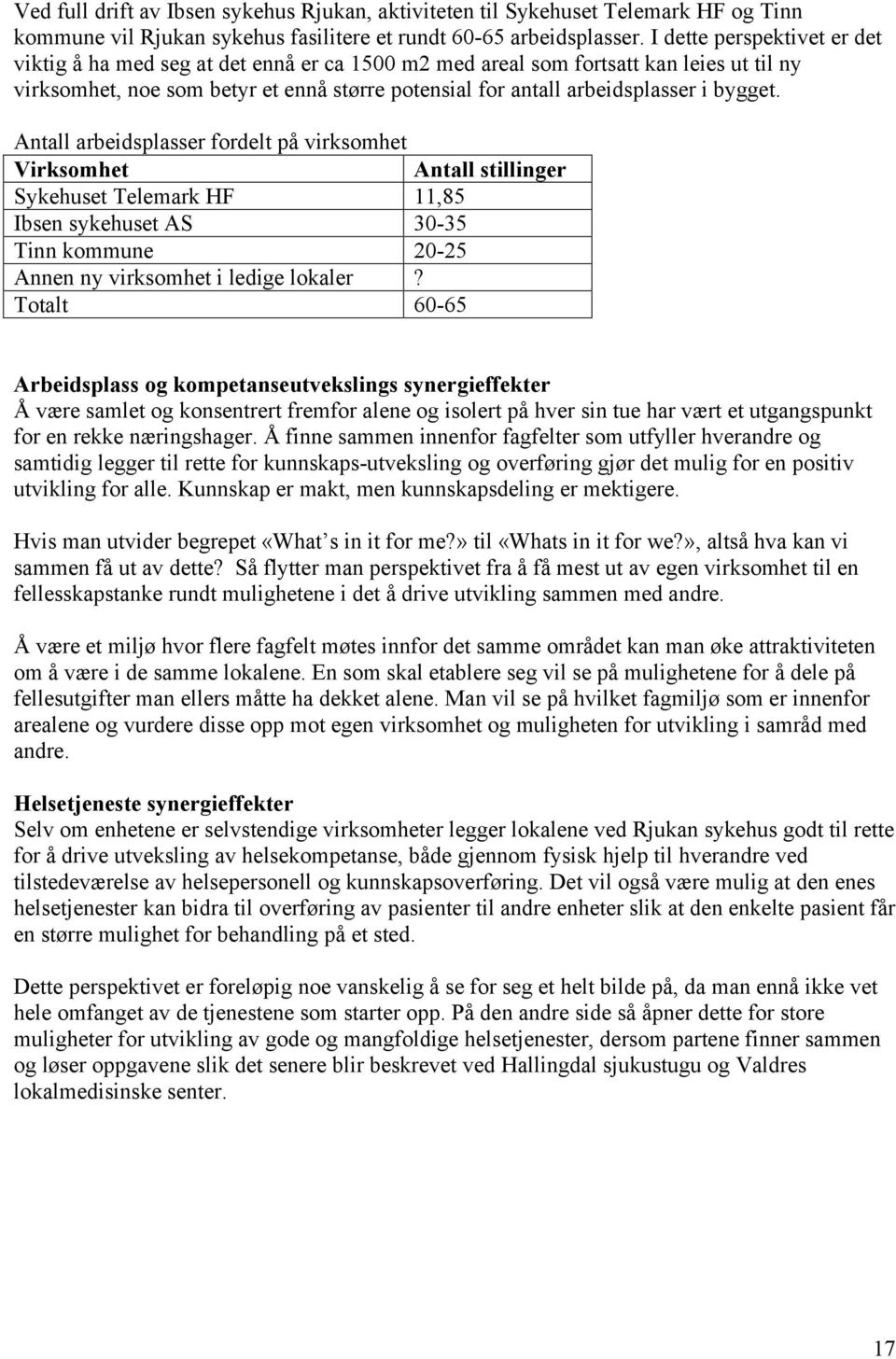 bygget. Antall arbeidsplasser fordelt på virksomhet Virksomhet Antall stillinger Sykehuset Telemark HF 11,85 Ibsen sykehuset AS 30-35 Tinn kommune 20-25 Annen ny virksomhet i ledige lokaler?