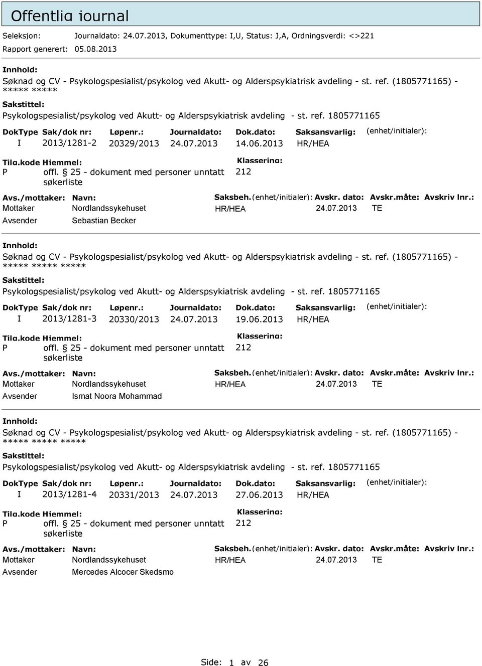 06.2013 offl. 25 - dokument med personer unntatt søkerliste Avs./mottaker: Navn: Saksbeh. Avskr. dato: Avskr.måte: Avskriv lnr.