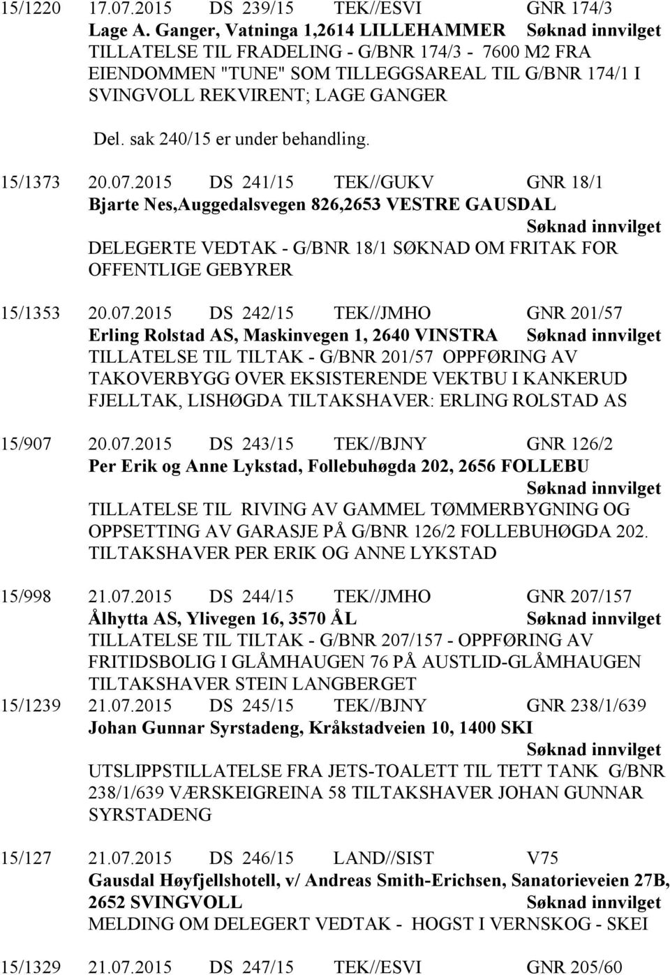 sak 240/15 er under behandling. 15/1373 20.07.