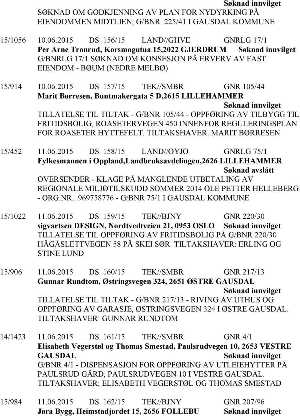 2015 DS 157/15 TEK//SMBR GNR 105/44 Marit Børresen, Buntmakergata 5 D,2615 LILLEHAMMER TILLATELSE TIL TILTAK - G/BNR 105/44 - OPPFØRING AV TILBYGG TIL FRITIDSBOLIG, ROASETERVEGEN 450 INNENFOR