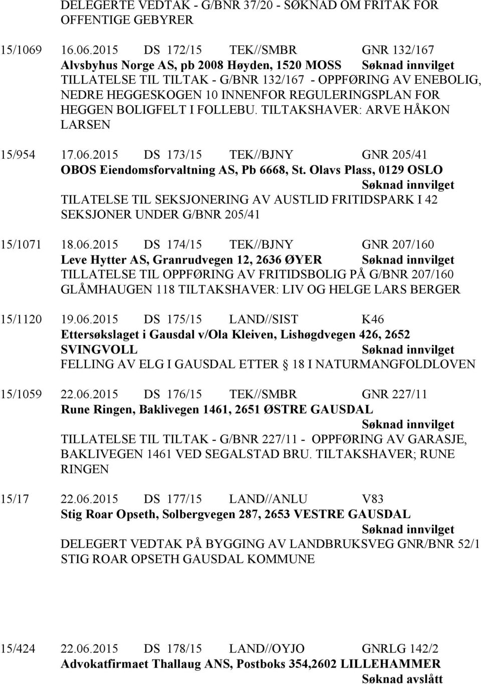 2015 DS 172/15 TEK//SMBR GNR 132/167 Alvsbyhus Norge AS, pb 2008 Høyden, 1520 MOSS TILLATELSE TIL TILTAK - G/BNR 132/167 - OPPFØRING AV ENEBOLIG, NEDRE HEGGESKOGEN 10 INNENFOR REGULERINGSPLAN FOR