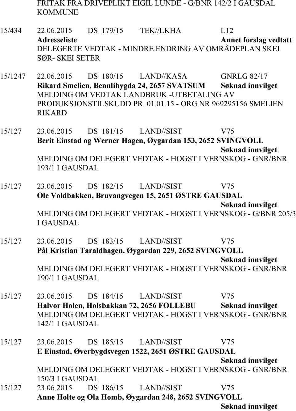 2015 DS 180/15 LAND//KASA GNRLG 82/17 Rikard Smelien, Bennlibygda 24, 2657 SVATSUM MELDING OM VEDTAK LANDBRUK -UTBETALING AV PRODUKSJONSTILSKUDD PR. 01.01.15 - ORG.