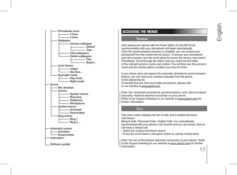 Desactivated Information Software update ACCESSING THE MENUS Phonebook After pairing your phone with the Parrot 3200 LS-COLOR PLUS, synchronisation with your phonebook will begin automatically.