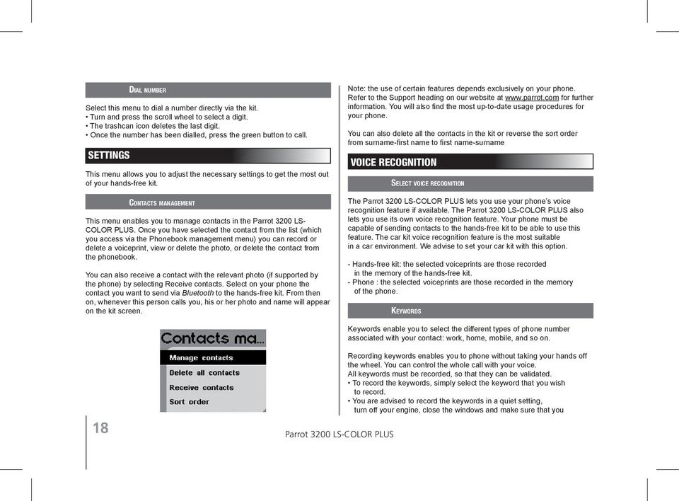 Contacts management This menu enables you to manage contacts in the Parrot 3200 LS- COLOR PLUS.