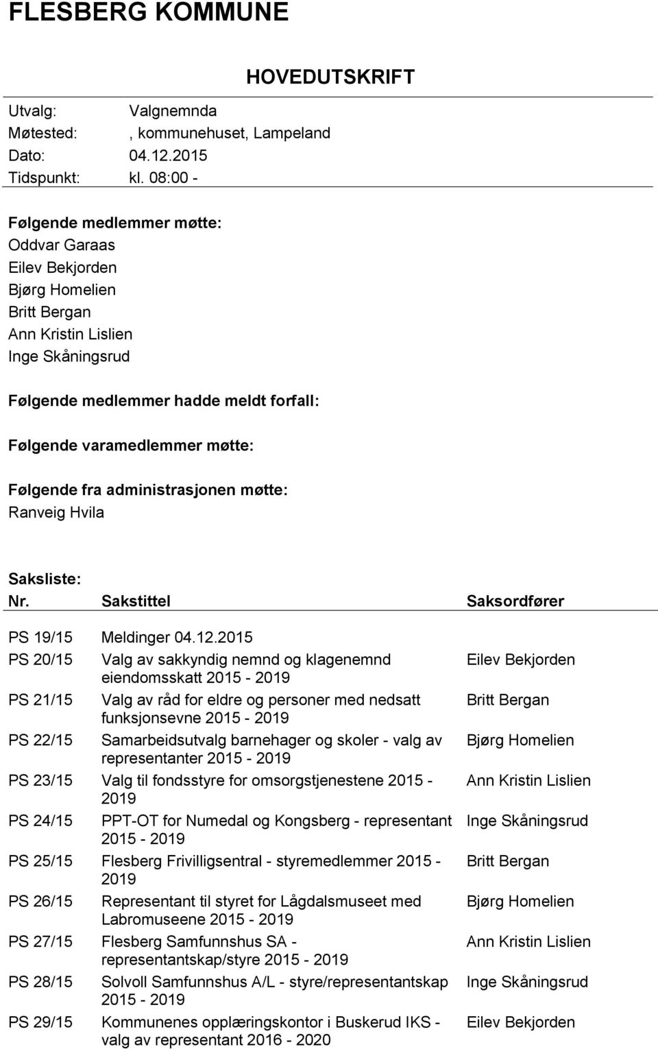 Følgende fra administrasjonen møtte: Ranveig Hvila Saksliste: Nr. Sakstittel Saksordfører PS 19/15 Meldinger 04.12.