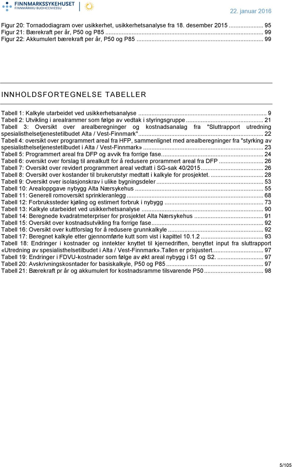 .. 21 Tabell 3: Oversikt over arealberegninger og kostnadsanalag fra "Sluttrapport utredning spesialisthelsetjenestetilbudet Alta / Vest-Finnmark".