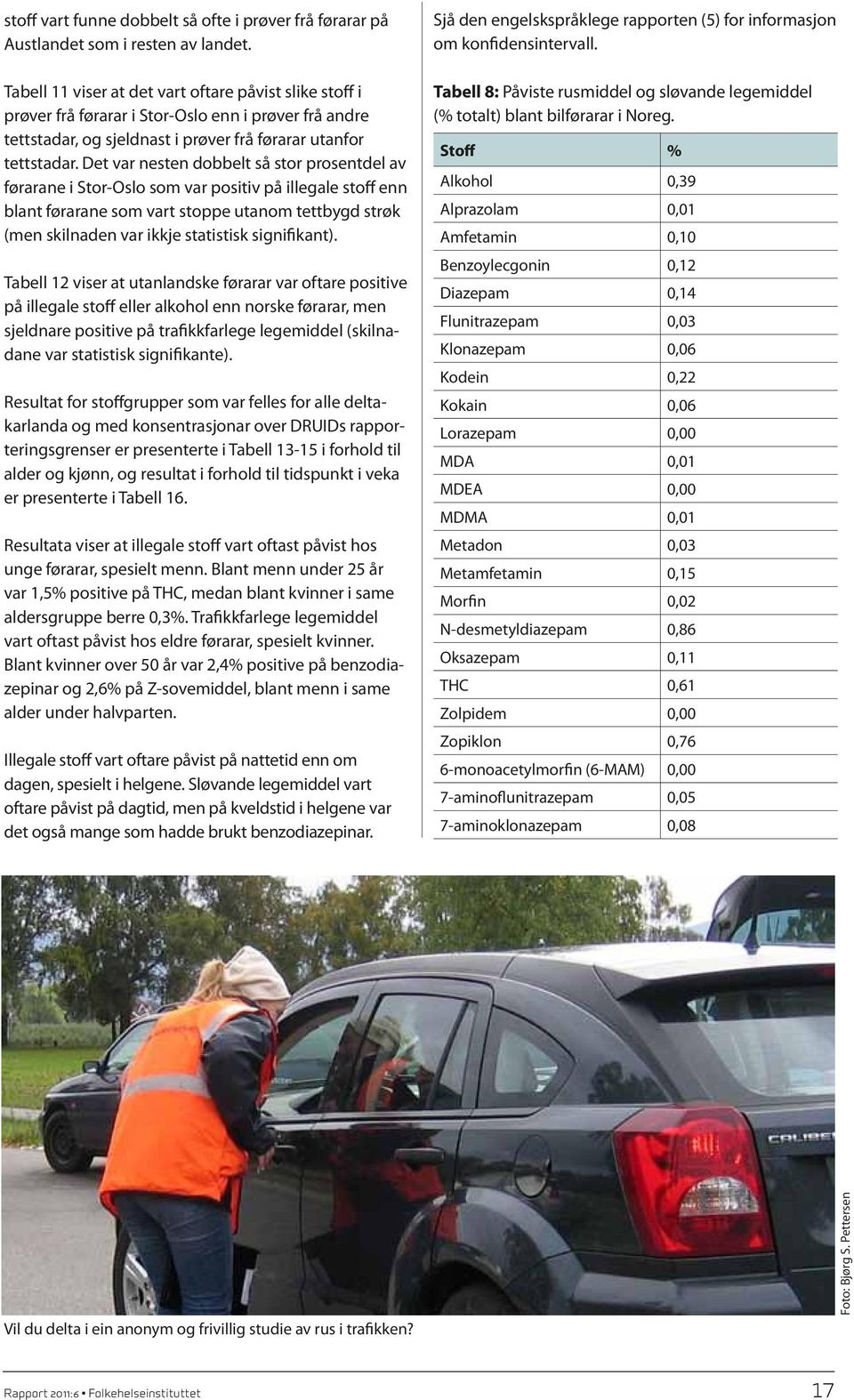 Det var nesten dobbelt så stor prosentdel av førarane i Stor-Oslo som var positiv på illegale stoff enn blant førarane som vart stoppe utanom tettbygd strøk (men skilnaden var ikkje statistisk