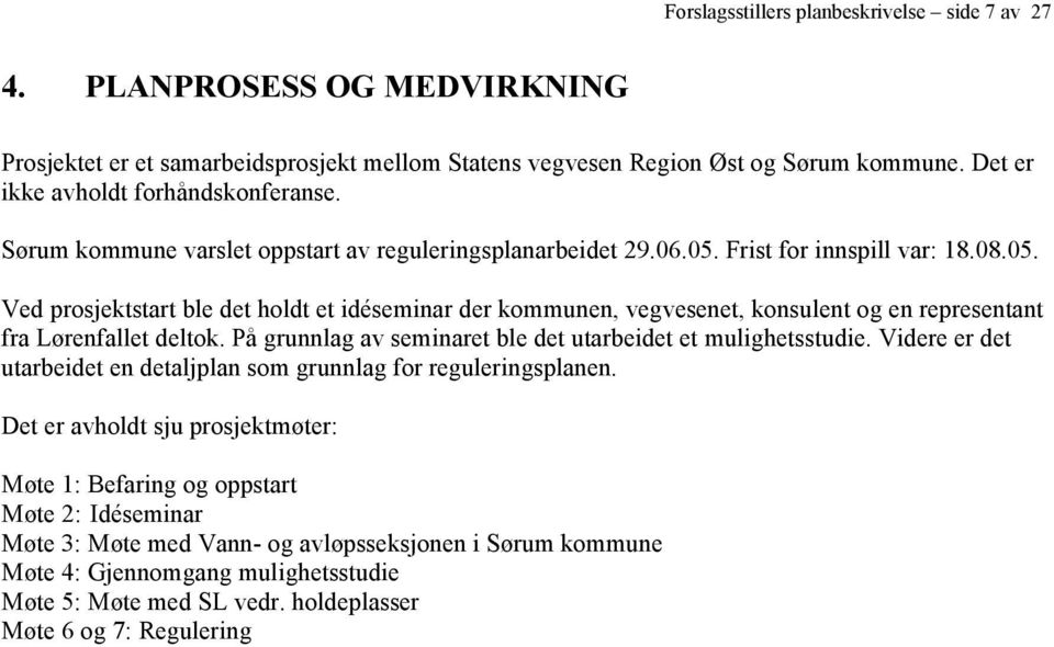 Frist for innspill var: 18.08.05. Ved prosjektstart ble det holdt et idéseminar der kommunen, vegvesenet, konsulent og en representant fra Lørenfallet deltok.