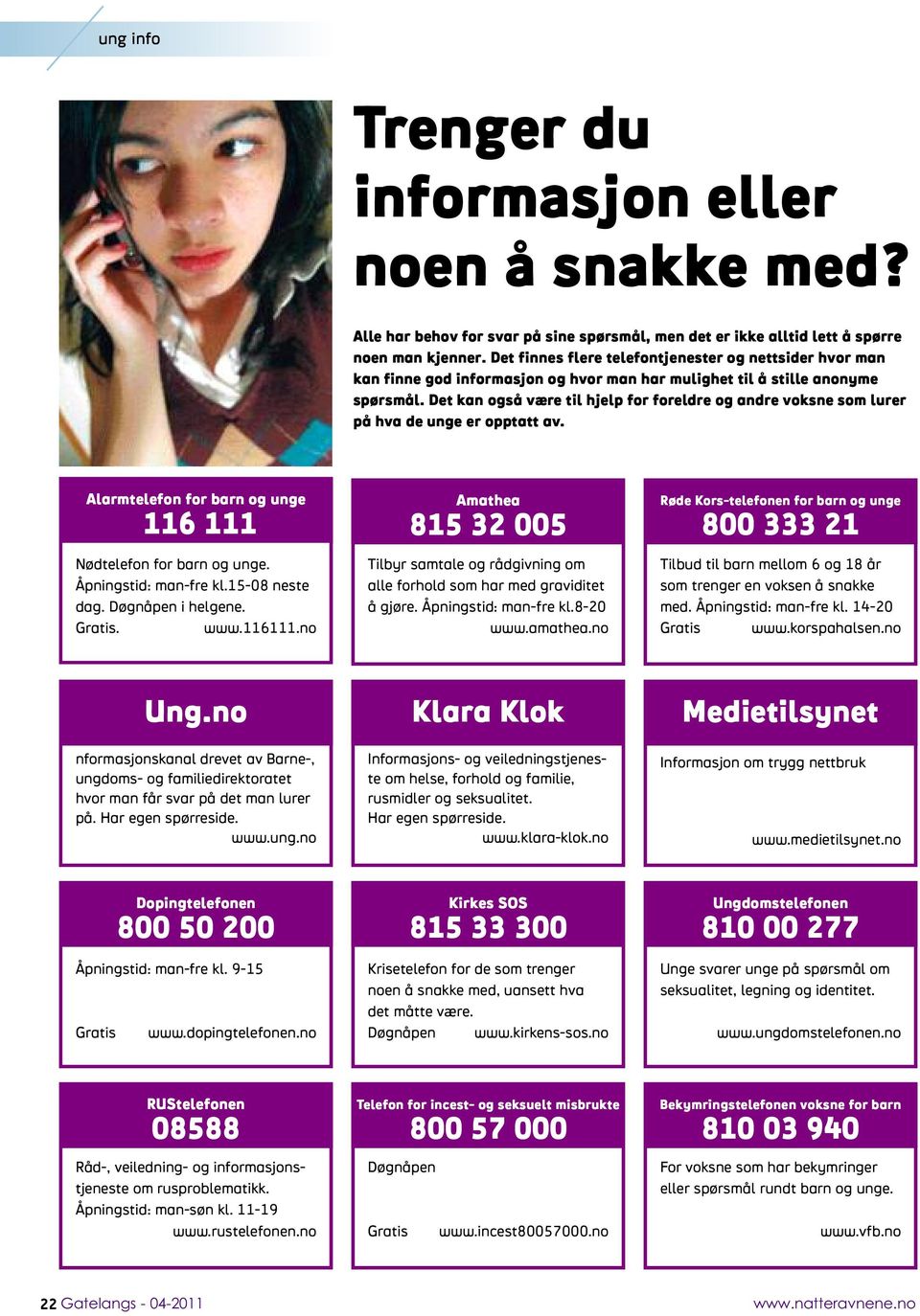 Det kan også være til hjelp for foreldre og andre voksne som lurer på hva de unge er opptatt av. Alarmtelefon for barn og unge 116 111 Nødtelefon for barn og unge. Åpningstid: man-fre kl.