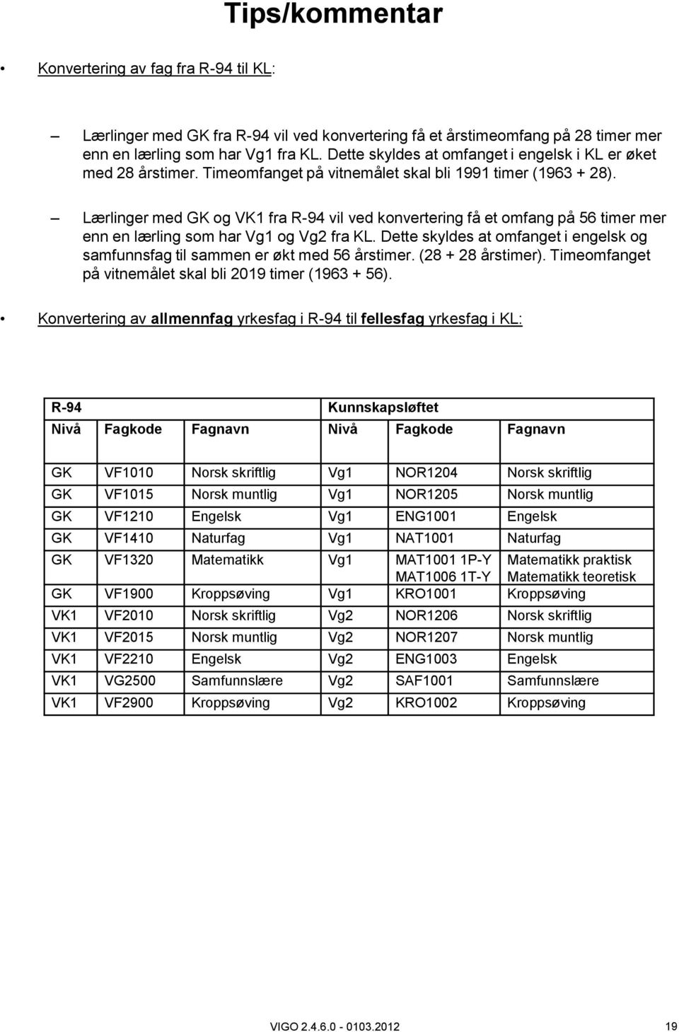 Lærlinger med GK og VK1 fra R-94 vil ved konvertering få et omfang på 56 timer mer enn en lærling som har Vg1 og Vg2 fra KL.