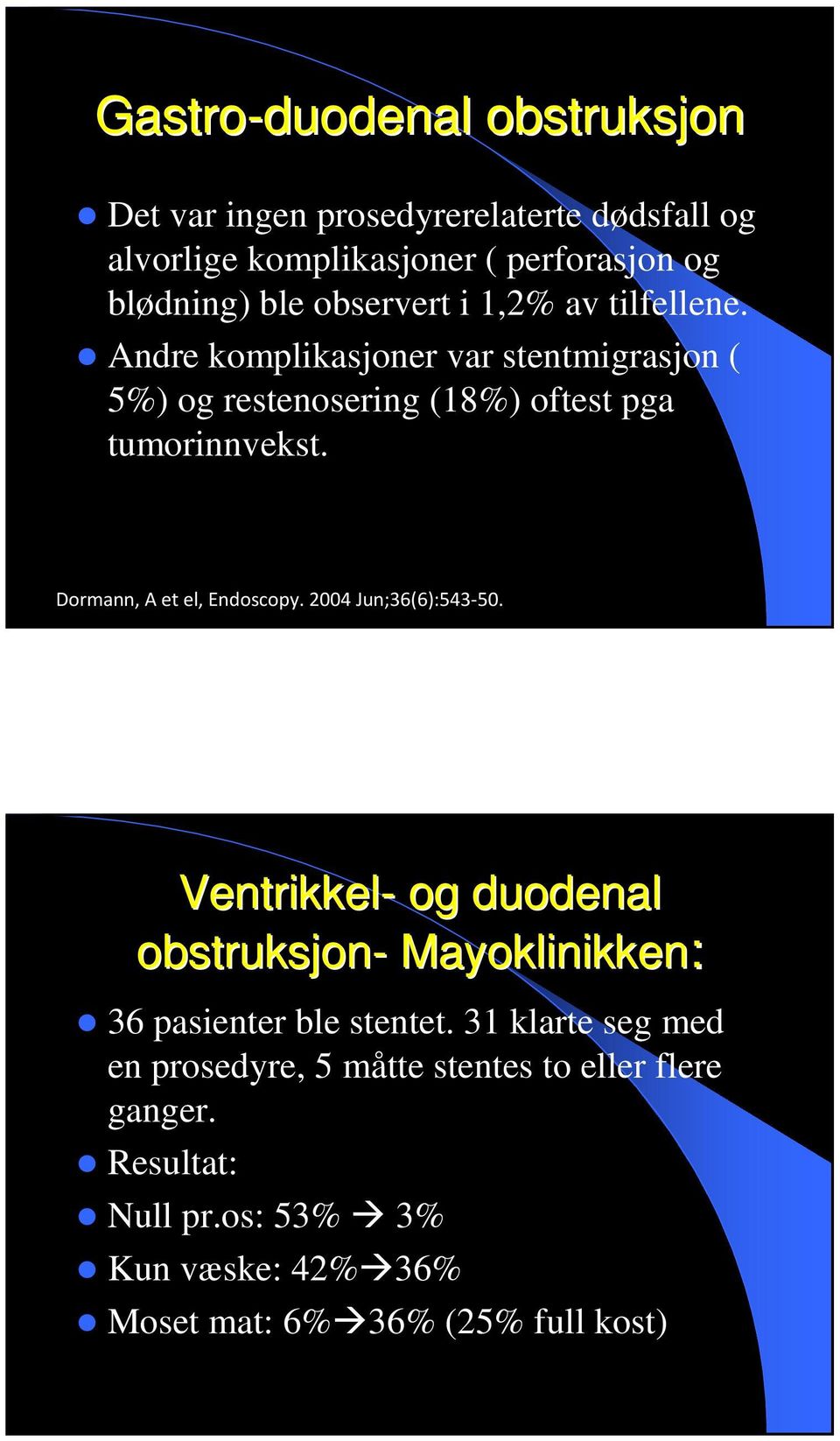 Dormann, A et el, Endoscopy. 2004 Jun;36(6):543-50. Ventrikkel- og duodenal obstruksjon- Mayoklinikken: 36 pasienter ble stentet.