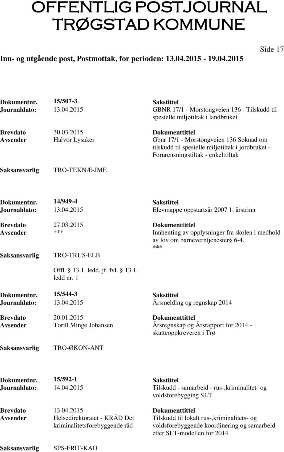 14/949-4 Sakstittel Journaldato: 13.04.2015 Elevmappe oppstartsår 2007 1. årstrinn Brevdato 27.03.