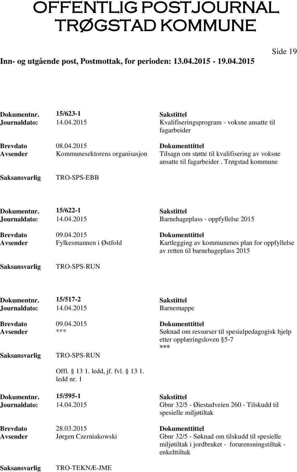 2015 Barnehageplass - oppfyllelse 2015 Avsender Fylkesmannen i Østfold Kartlegging av kommunenes plan for oppfyllelse av retten til barnehageplass 2015 TRO-SPS-RUN Dokumentnr.