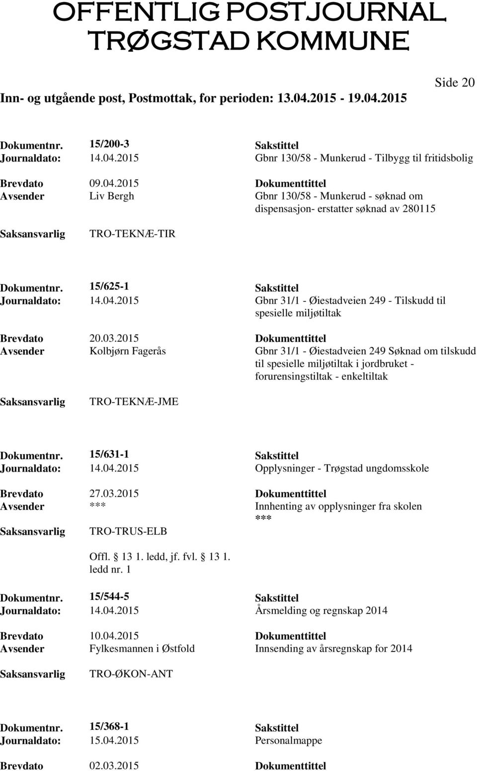 15/625-1 Sakstittel Journaldato: 14.04.2015 Gbnr 31/1 - Øiestadveien 249 - Tilskudd til spesielle miljøtiltak Brevdato 20.03.