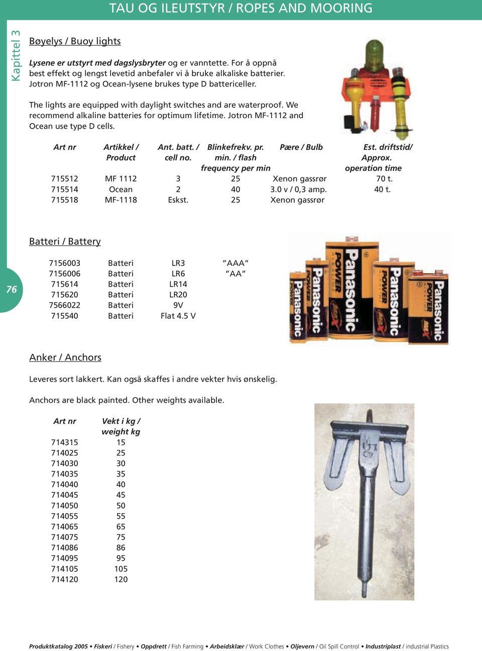 Jotron MF-1112 and Ocean use type D cells. Art nr Artikkel / Ant. batt. / Blinkefrekv. pr. Pære / Bulb Est. driftstid/ Product cell no. min. / flash Approx.