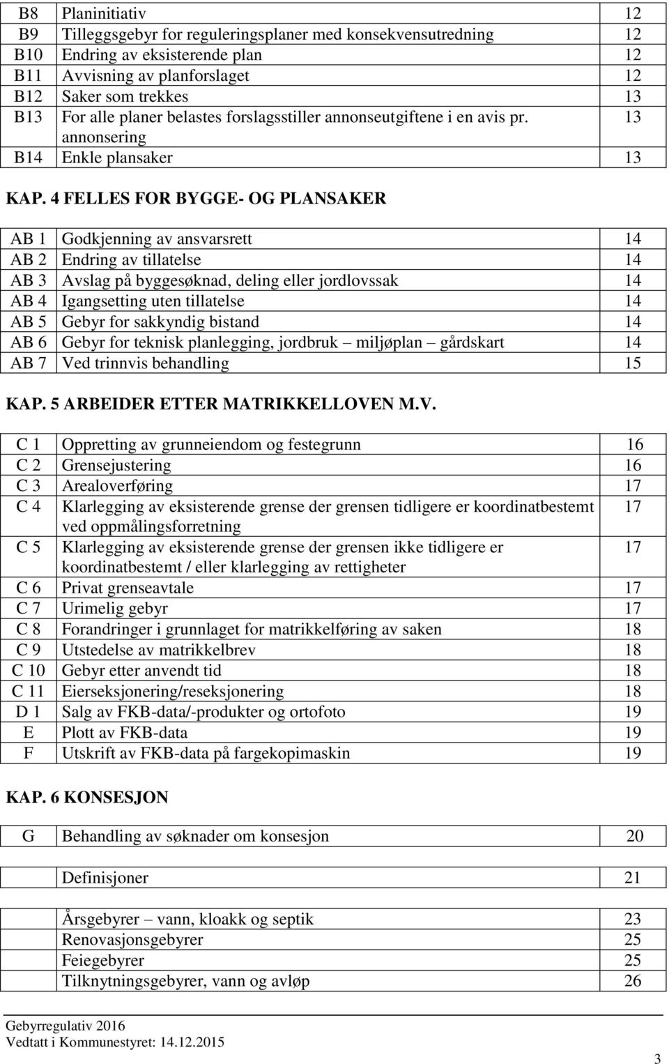 4 FELLES FOR BYGGE- OG PLANSAKER AB 1 Godkjenning av ansvarsrett 14 AB 2 Endring av tillatelse 14 AB 3 Avslag på byggesøknad, deling eller jordlovssak 14 AB 4 Igangsetting uten tillatelse 14 AB 5